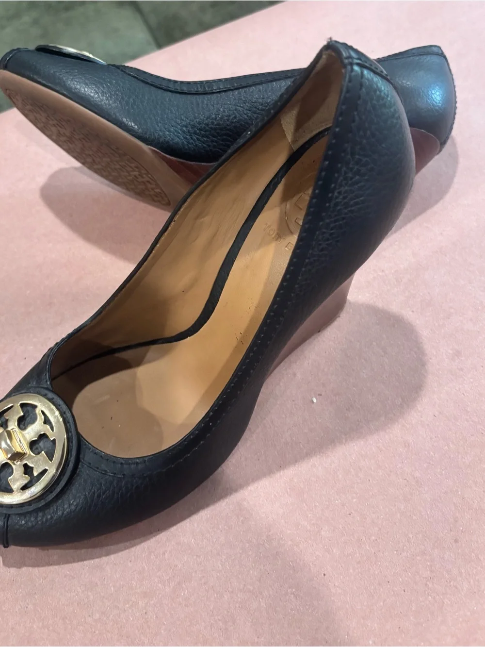 Tory Burch Selma Peep Toe Wedges-Black Pebbled Leather-Gold Logo Medallion 8M